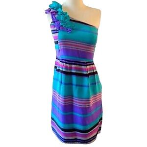 Anthropologie Yumi Kim One Shoulder Dress in Teal Stripe. Size M. NWOT